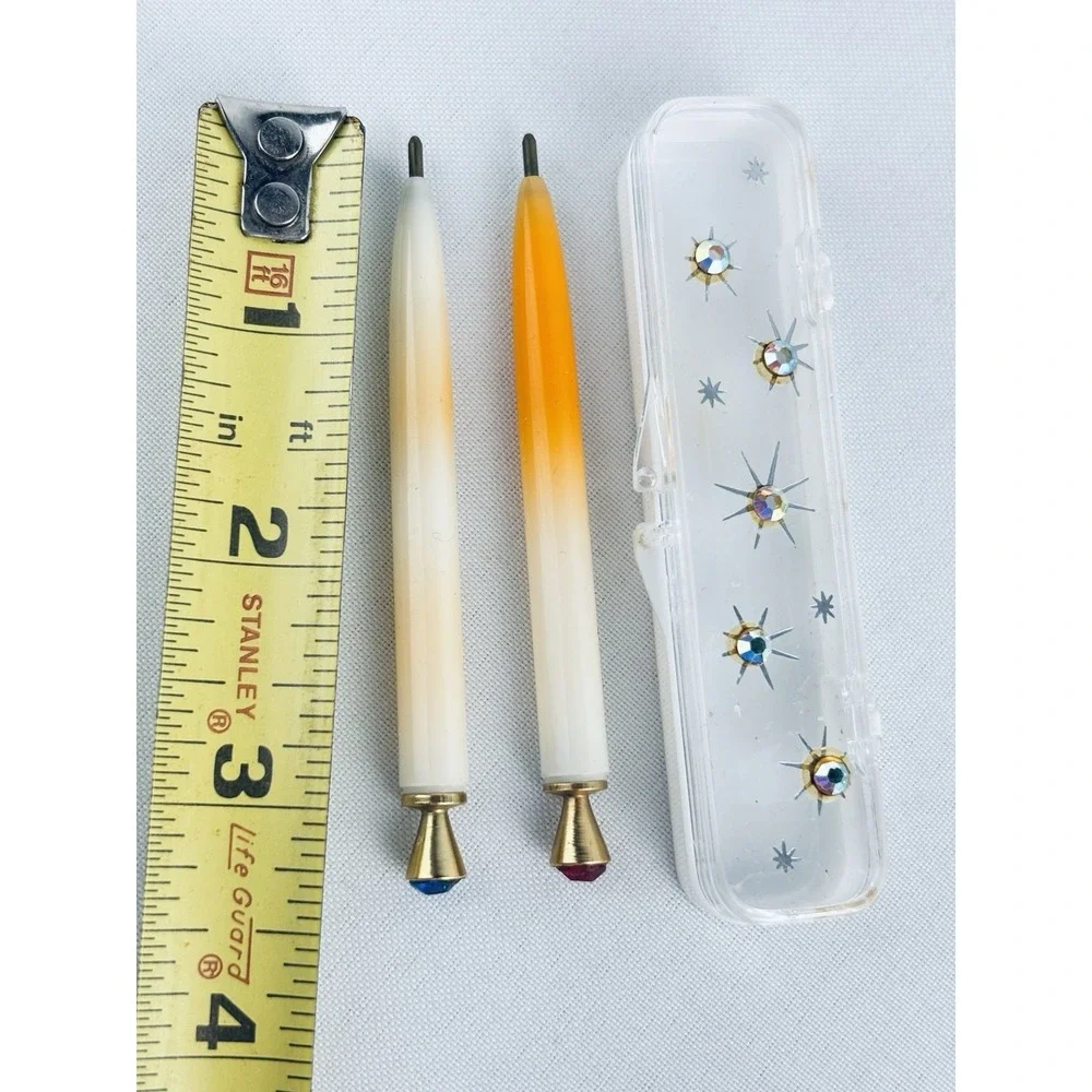 Vintage MCM Peach White Jewel Plastic Pen Set Rhinestone Case Mini‎ Purse Travel